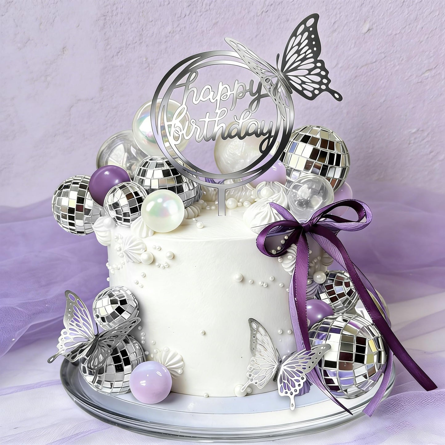 Disco Ball Cake Topper Purple and Transparent Pearl Balls Decorations with Silver Butterfly for 70s 80s Disco Dance Music Birthday Supplies