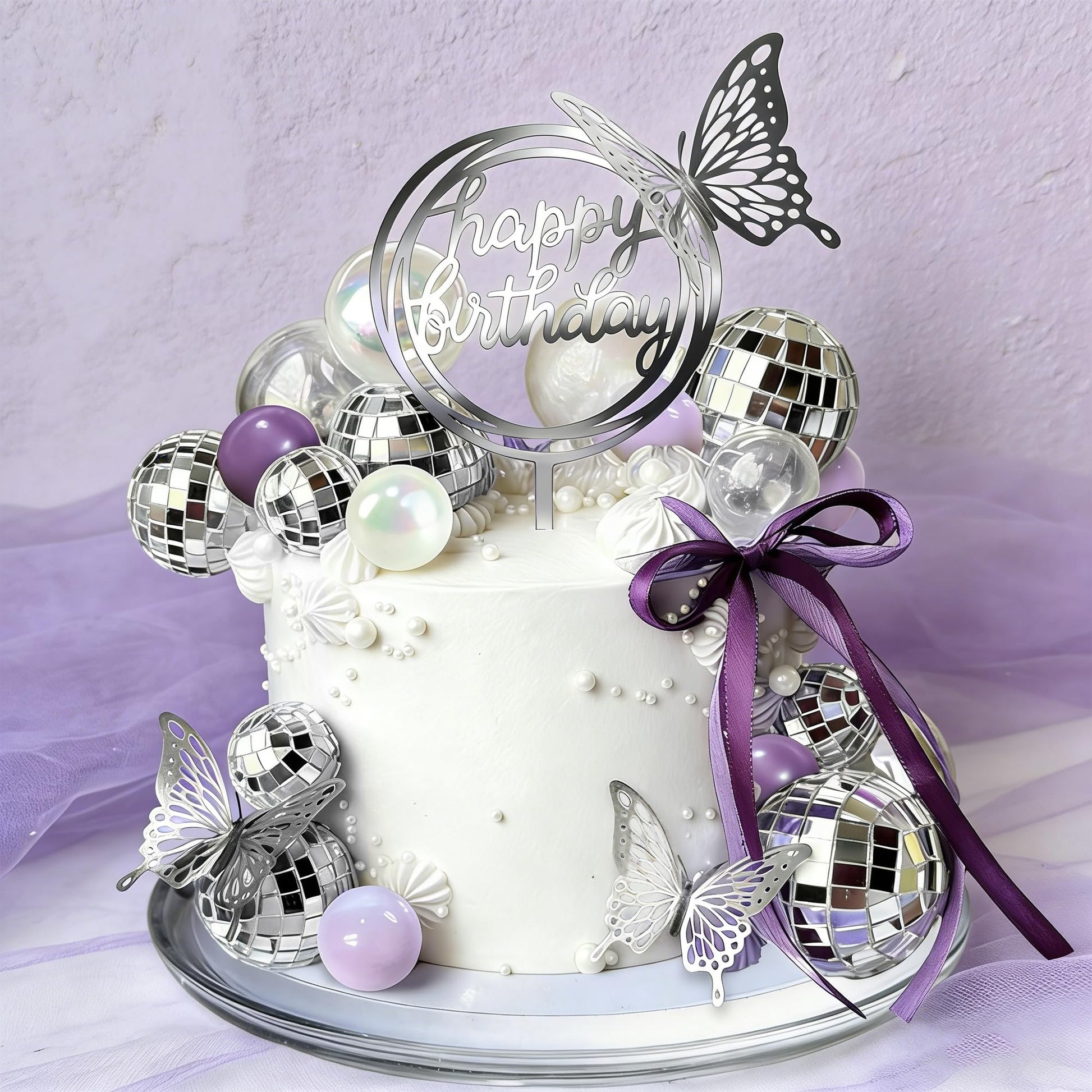 Disco Ball Cake Topper Purple and Transparent Pearl Balls Decorations with Silver Butterfly for 70s 80s Disco Dance Music Birthday Supplies