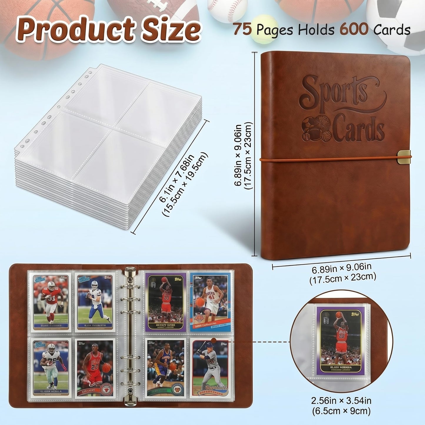 IdeaMarlle Leather Sports Card Binder with 600 Pockets, 4-Pocket Double-Sided Trading Card Album with 75 Sleeves, 6-Ring Refillable Card Collection