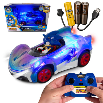 NKOK Sonic Glow Racer RC Car w/Turbo Boost | Ready-to-Run 1/16 Scale | Light-Up Body, USB Rechargeable AA Batteries