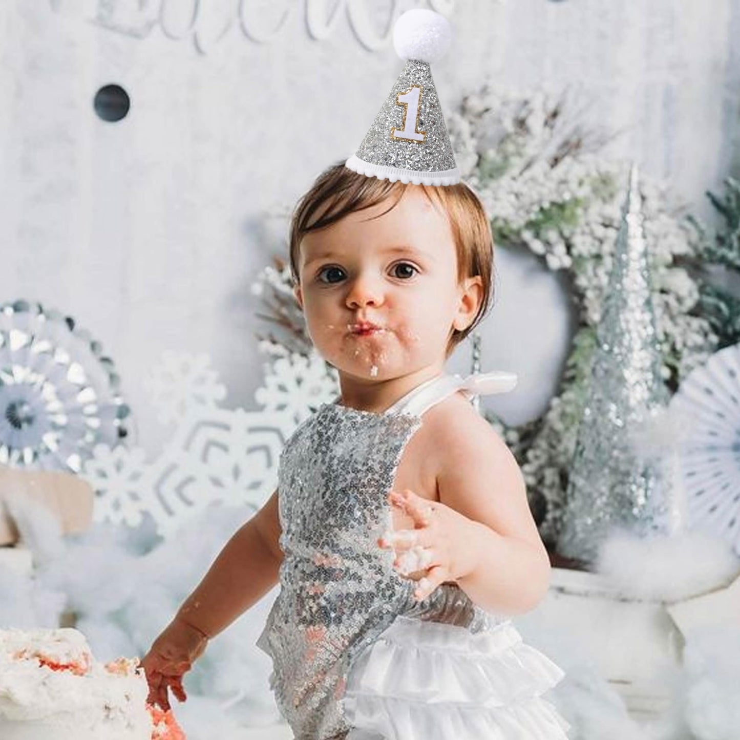 TERJIO Baby's Cone Silvery 1st birthday Crown - Natural Boho 1st/First Birthday Decorations,1st Birthday Hat, Cake Smash Photo Prop. (Silver Boho