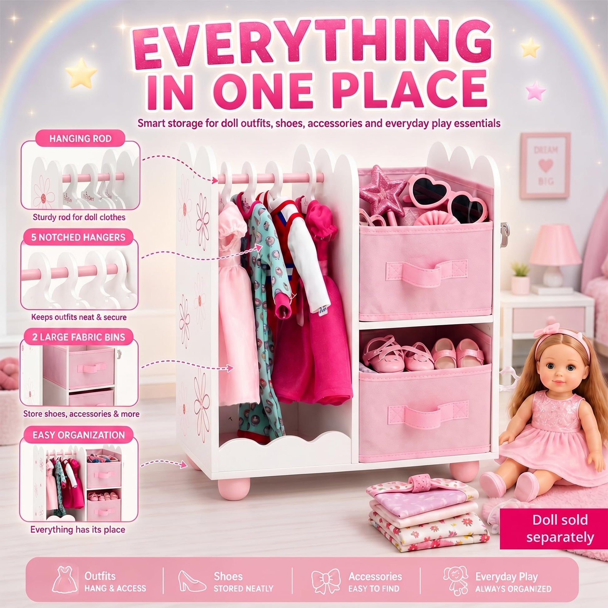 Emily Rose 18 Inch Doll Clothes Storage Wardrobe Closet Organizer - Floral