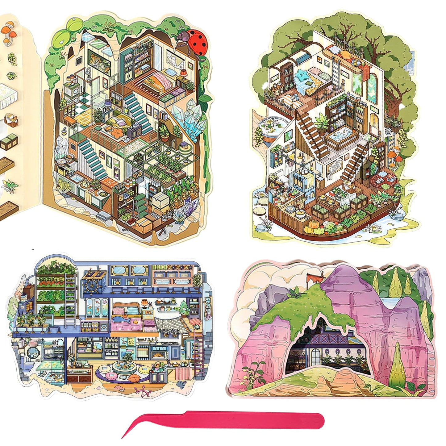 Flip-Type Design Scene Sticker, Secret Base Theme Double-Layer House & Room Isometric Miniature Creative Play Kits with Background Card & Tweezer