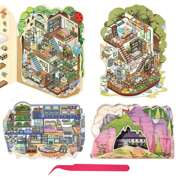 Flip-Type Design Scene Sticker, Secret Base Theme Double-Layer House & Room Isometric Miniature Creative Play Kits with Background Card & Tweezer