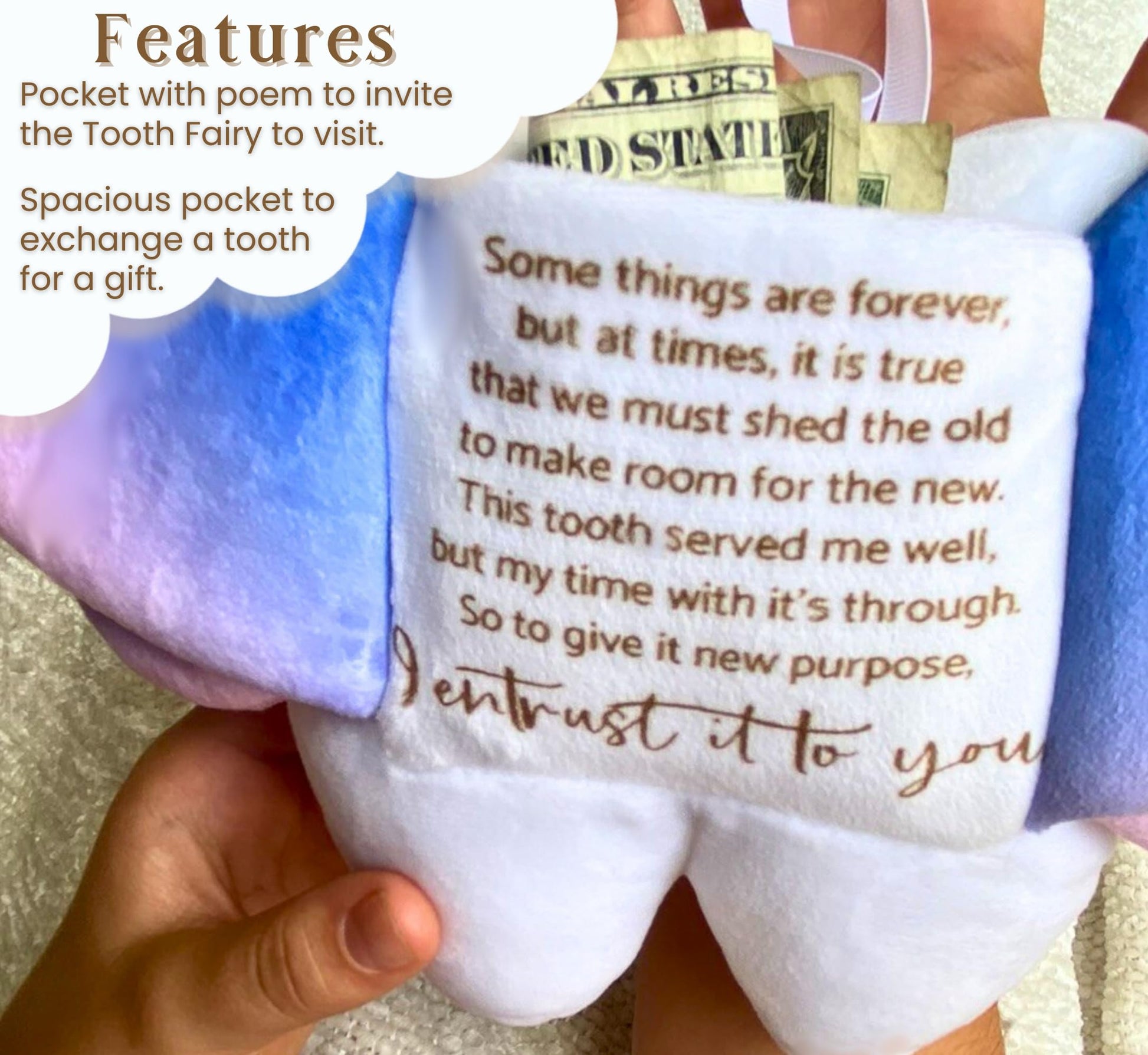 20 Moments of Tooth Squishie Tooth Fairy Pillow with Pocket and Poem to Invite Tooth Fairy - Tooth Fairy Tooth Holder Plushie, Cute