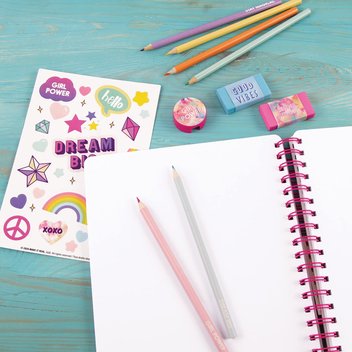 3C4G Tie Dye Pastel All-in-1 Sketchbook Set - Sketch Book for Kids with Pencils, Stickers & More - Drawing Kit for Kids - Unlined Diary for Girls