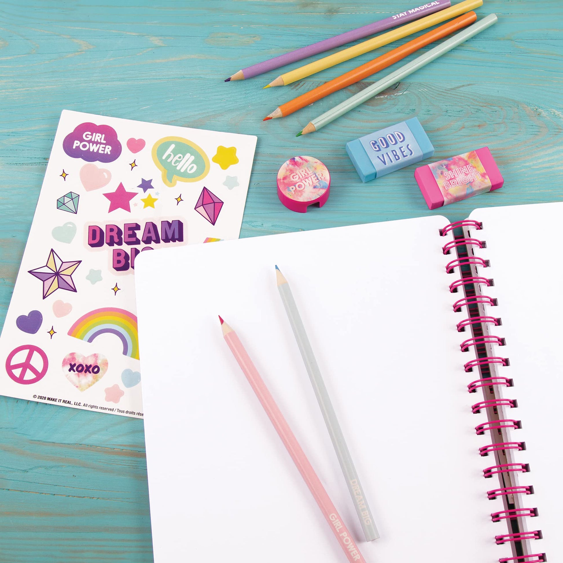 3C4G Tie Dye Pastel All-in-1 Sketchbook Set - Sketch Book for Kids with Pencils, Stickers & More - Drawing Kit for Kids - Unlined Diary for Girls