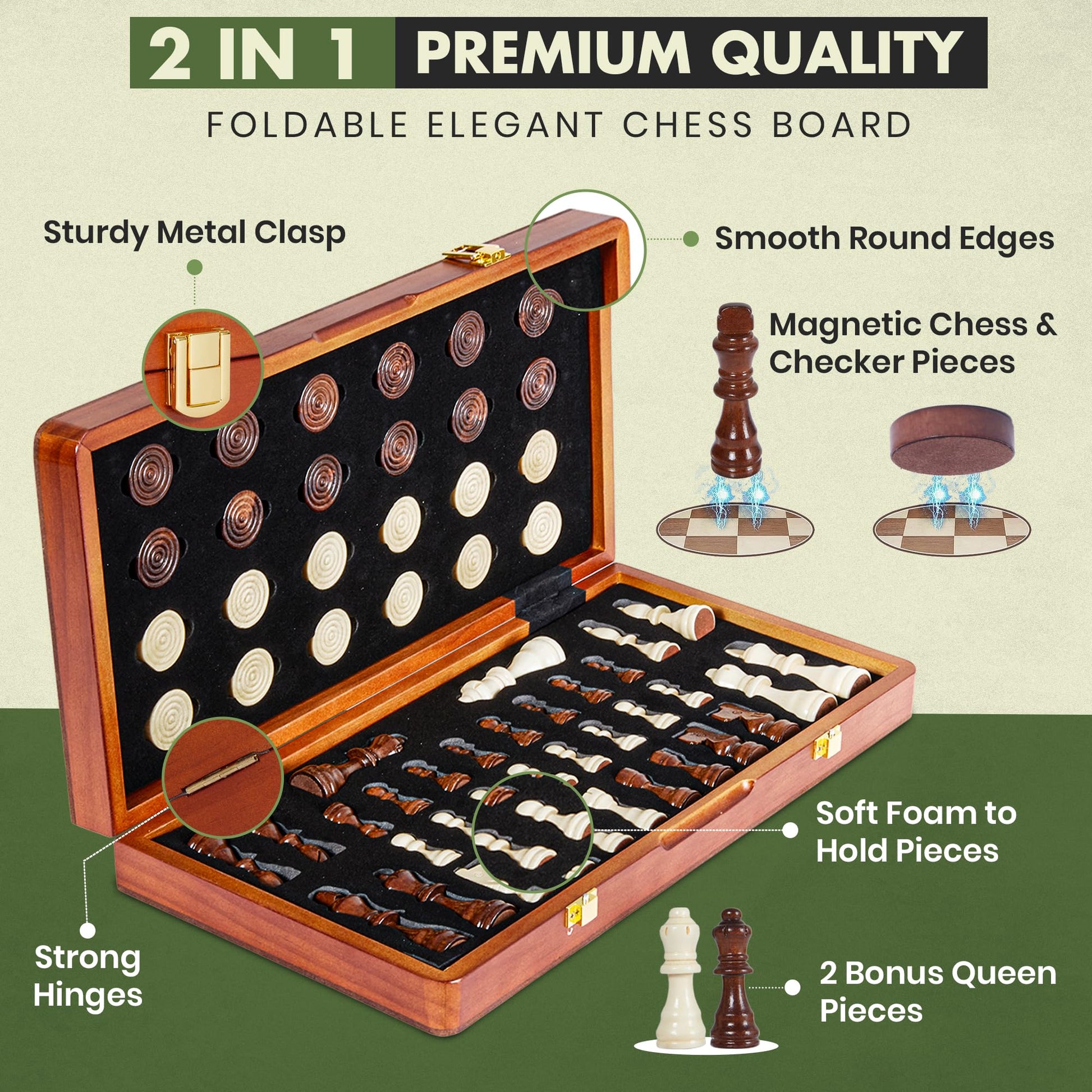ECOCRAFTER 15'' 2 in 1 Wooden Magnetic chess and checkers set (2 Extra Queens, Foldable Chess set & Cotton Storage Bag) Magnetic Chess Sets for Adults