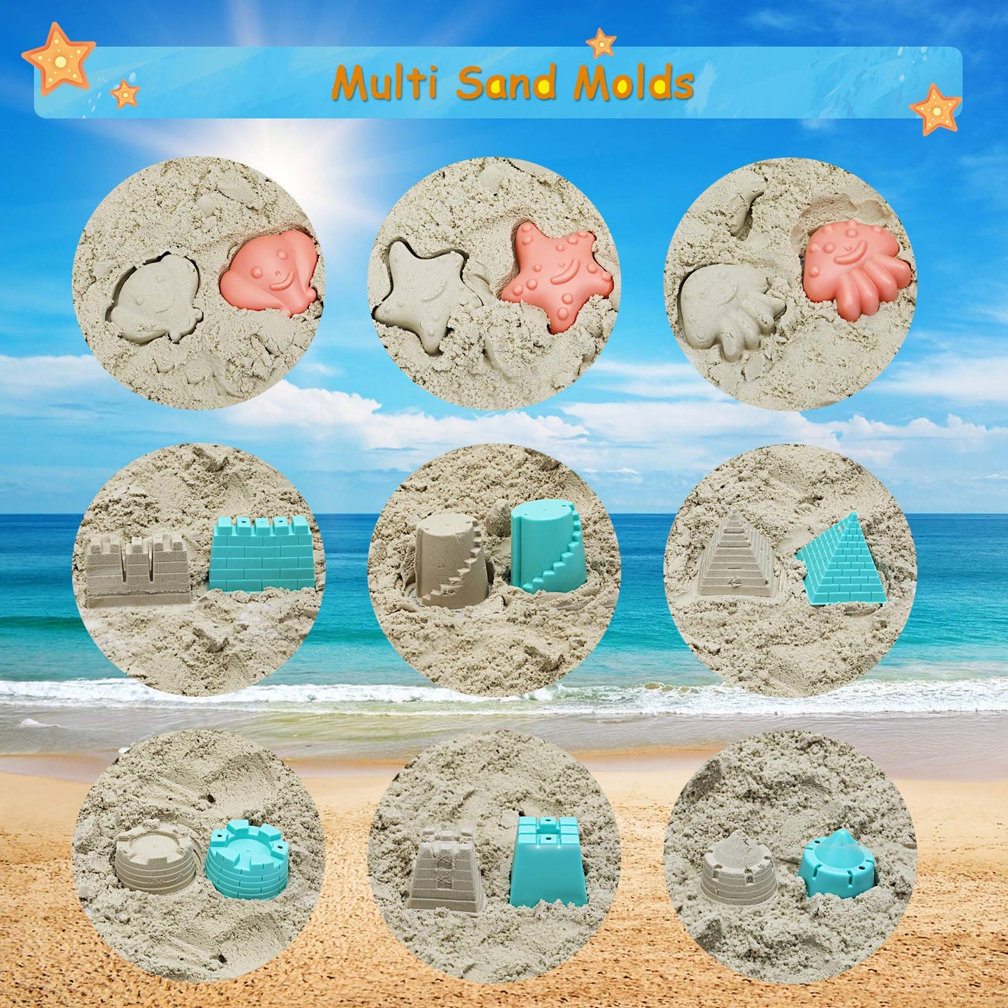 RACPNEL Beach Toys with Collapsible Bucket，Mesh Bag for Kids Ages 3-12