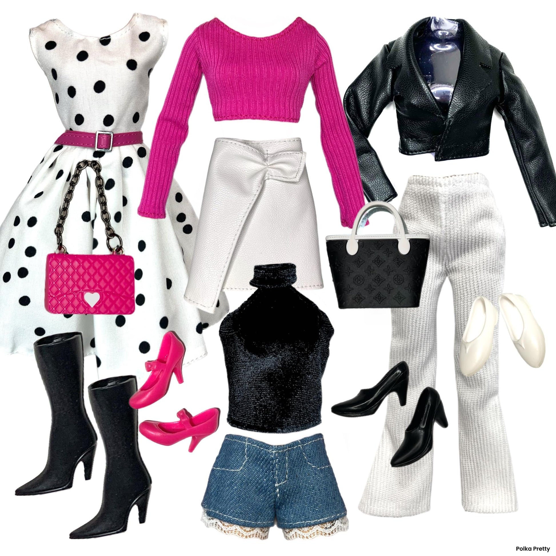 Eledoll Clothes Fashion Pack for 12 inch Fashion Doll Polka Pretty White Pink Black Set
