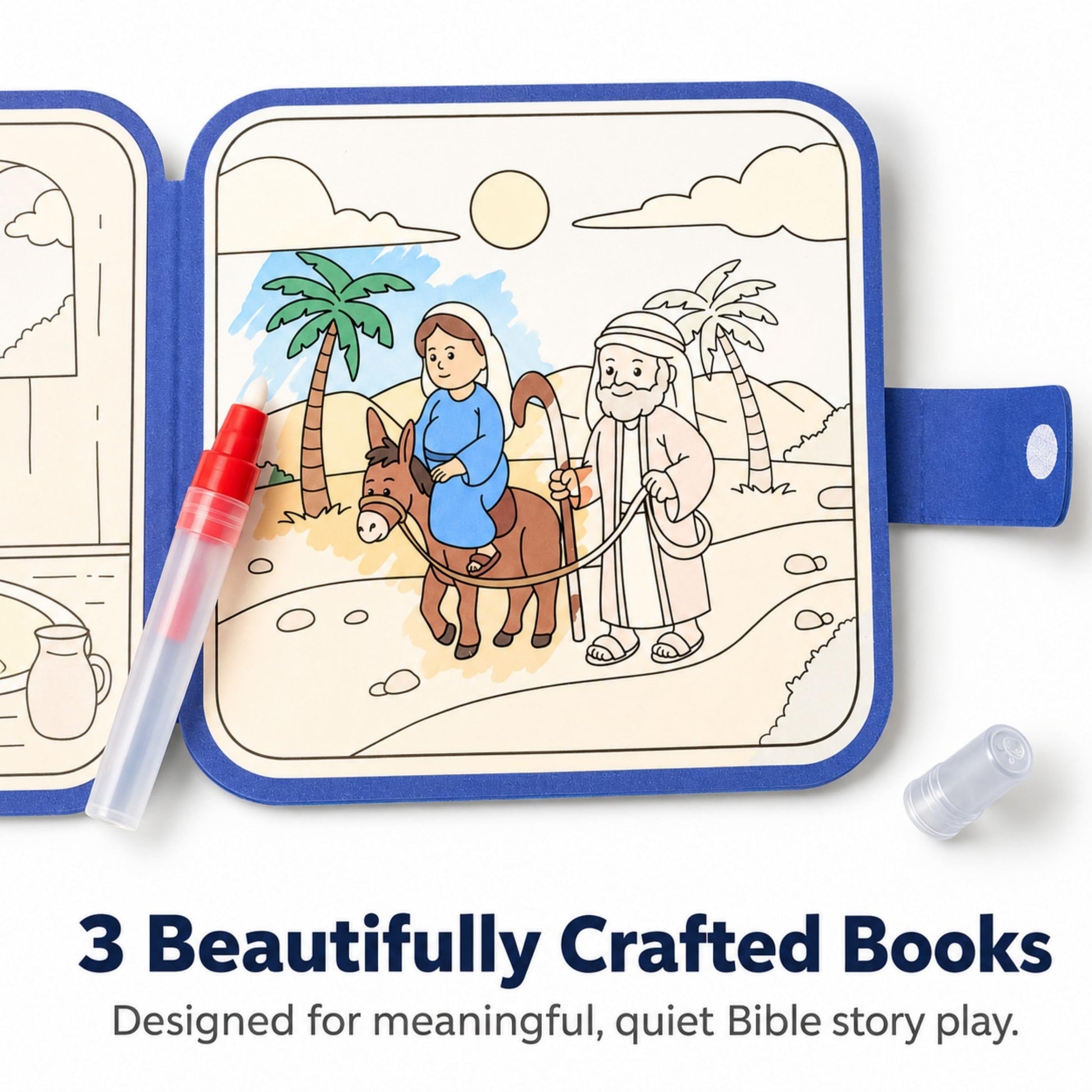 Reusable Bible Story Water Reveal Coloring Book Set for Kids (3 Books, 3 Water Pens) - Mess-Free Christian Activity Series with Noah’s Ark, Jonah