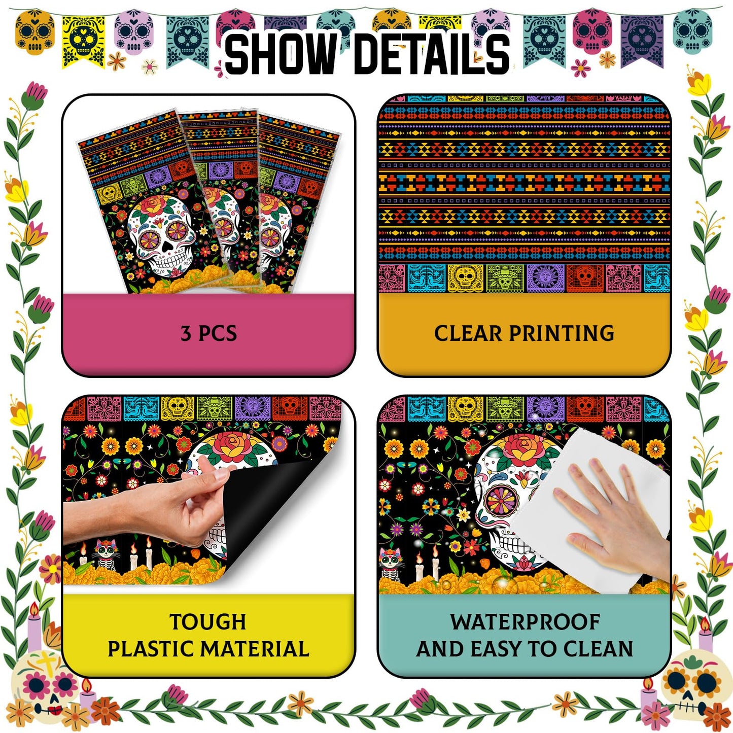 wuhuzsm 3Pcs Day of the Dead Plastic Tablecloth - 42 x 70.8 Inch