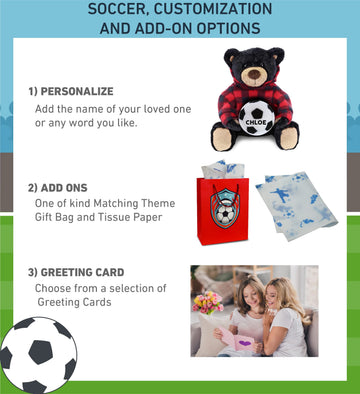 DolliBu Black Bear Stuffed Animal with Soccer Ball Plush and Red Plaid Hoodie - Super Soft Teddy Bear Plush Toy, Cute Wildlife Gift for Kids