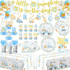 Little Pumpkin Baby Shower,198pcs A Little Pumpkin Is On The Way Baby Shower Boy Plates and Napkins Cups Tablecloth Cake Topper Honeycomb Balloon