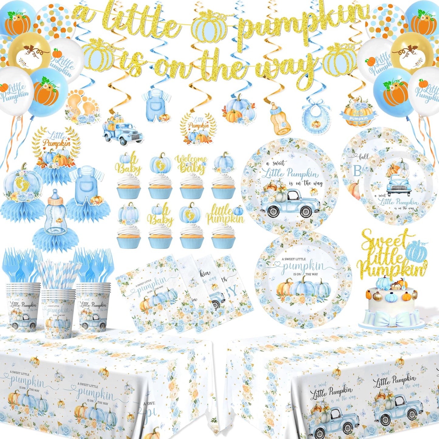 Little Pumpkin Baby Shower,198pcs A Little Pumpkin Is On The Way Baby Shower Boy Plates and Napkins Cups Tablecloth Cake Topper Honeycomb Balloon