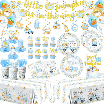 Little Pumpkin Baby Shower,198pcs A Little Pumpkin Is On The Way Baby Shower Boy Plates and Napkins Cups Tablecloth Cake Topper Honeycomb Balloon