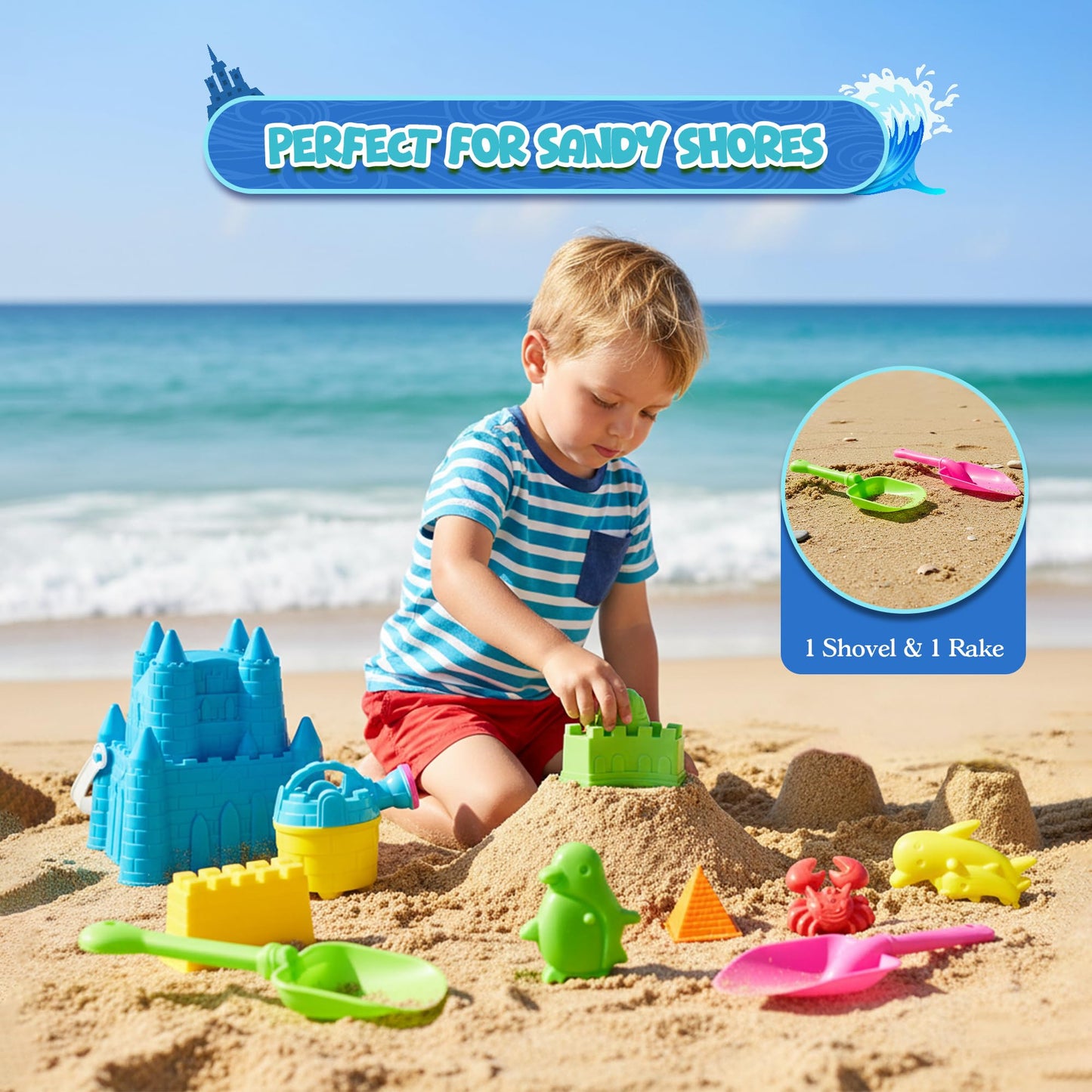 4E's Novelty Beach Toys for Kids with Bag (17 Pcs Set) Castle Beach Bucket with Shovels & Molds Kit - Sand Toys Set for Toddlers with Mesh Beach Bag