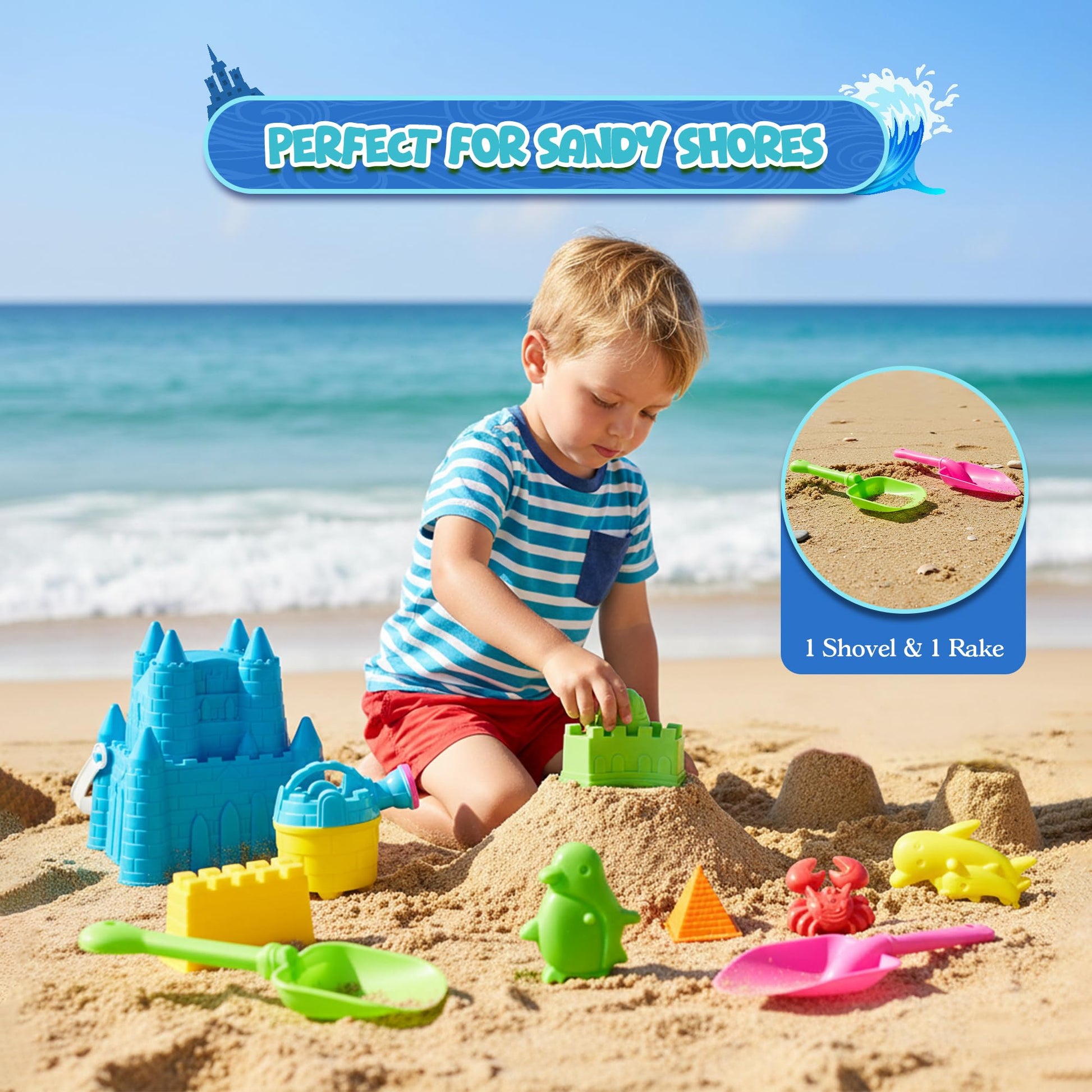 4E's Novelty Beach Toys for Kids with Bag (17 Pcs Set) Castle Beach Bucket with Shovels & Molds Kit - Sand Toys Set for Toddlers with Mesh Beach Bag