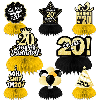 Oh S*it I’m 20 Happy 20th Birthday Honeycomb Centerpieces Balloons Confetti Theme Table Toppers Hello 20 Table Decorations Funny Birthday Decor