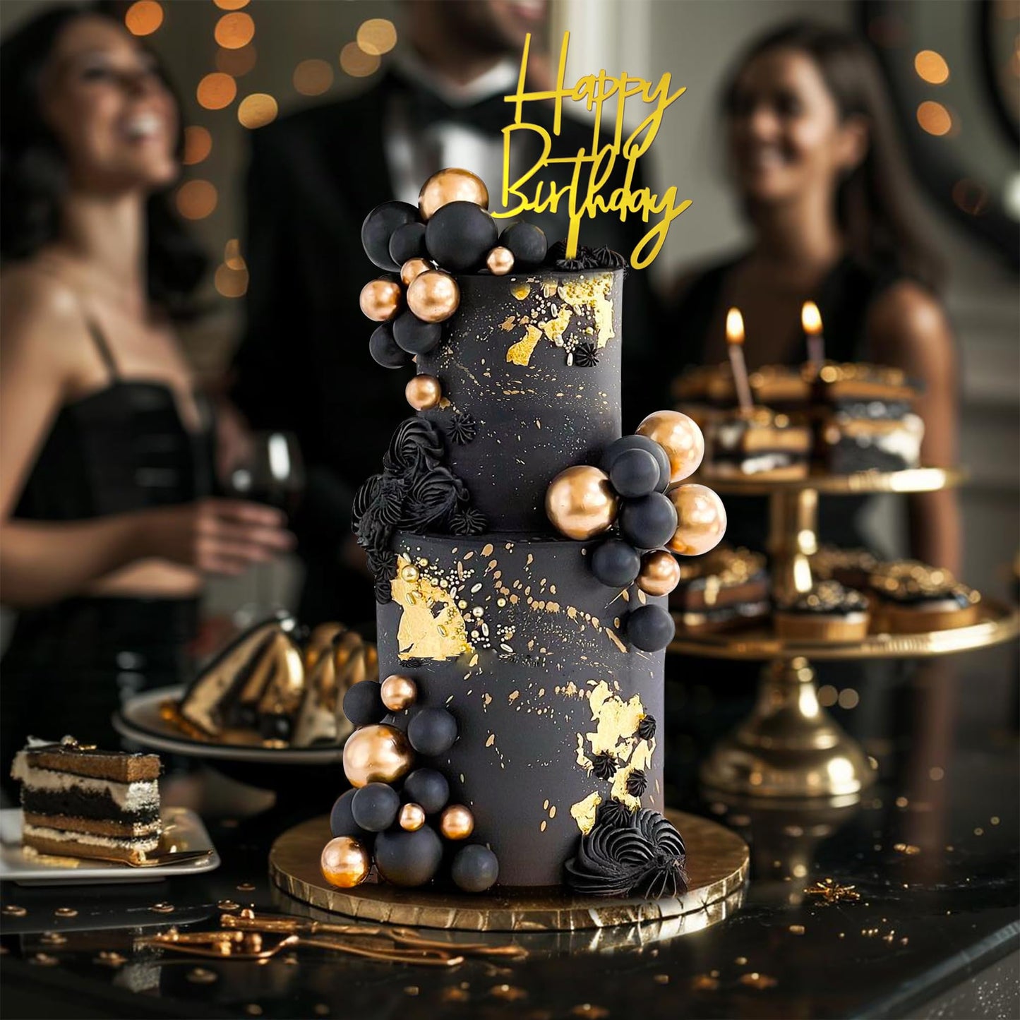 75 PCS Black and Gold Balls Cake Toppers Happy Birthday Insert Card