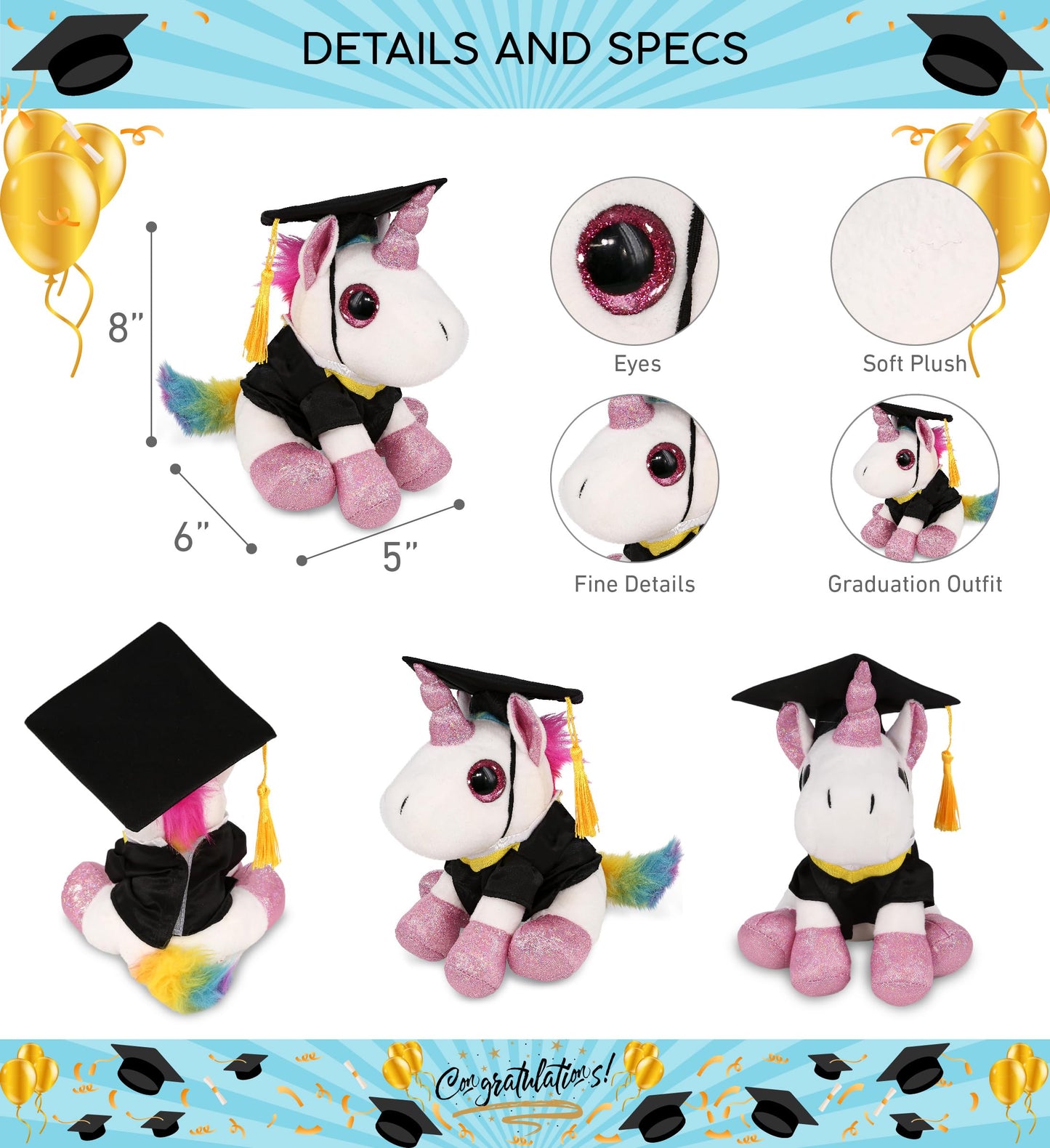 DolliBu Sparkle Eyes White Unicorn Graduation Plush Toy - Super Soft Graduation Stuffed Animal Dress Up Gown and Cap with Tassel with Personalization