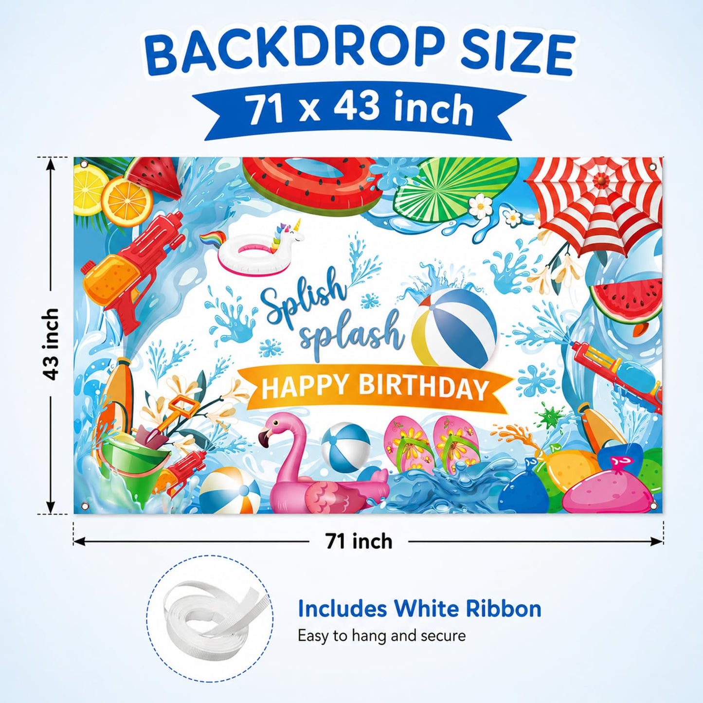 Splish Splash Birthday Backdrop, 71 x 43 Inch Pool Party Decorations Banner