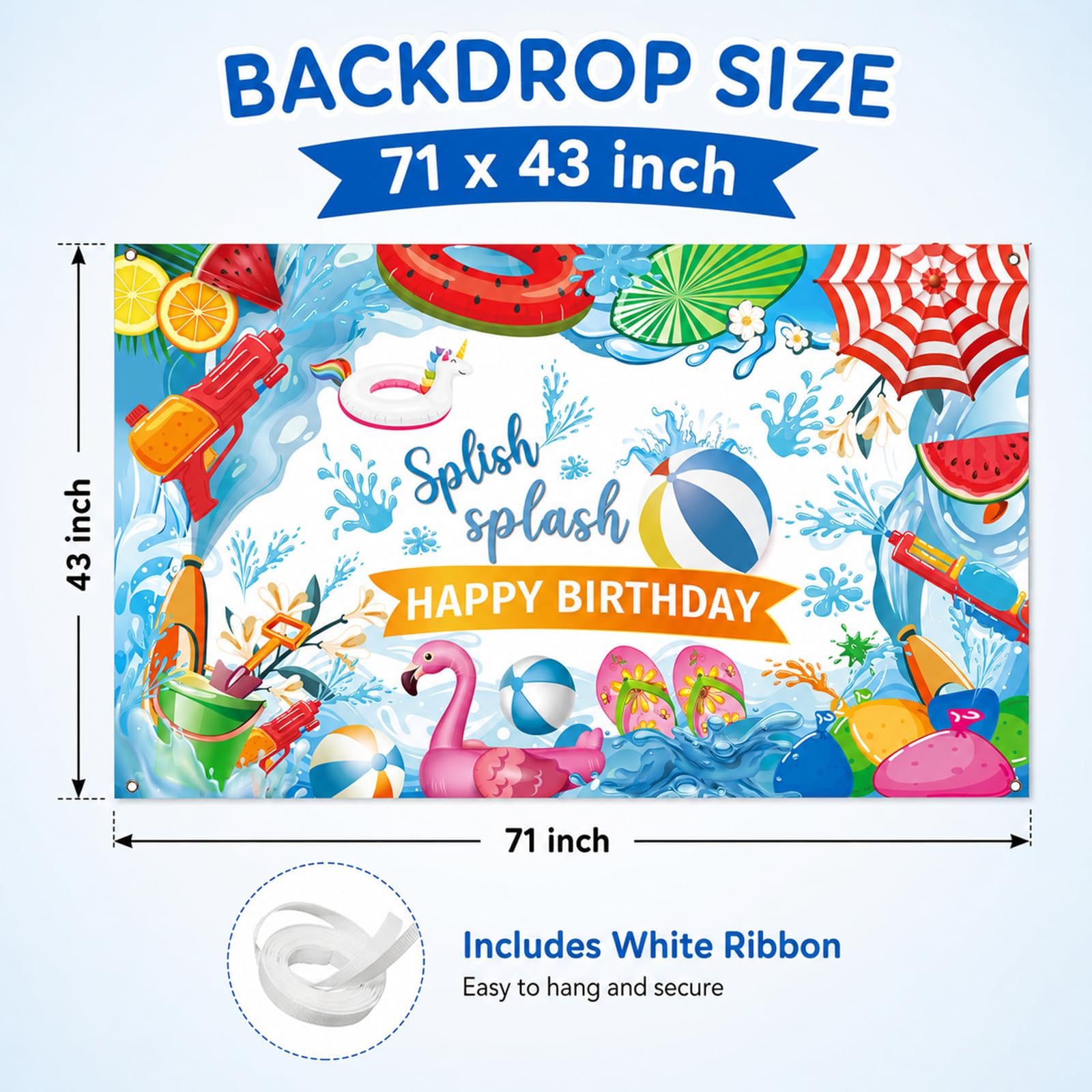 Splish Splash Birthday Backdrop, 71 x 43 Inch Pool Party Decorations Banner