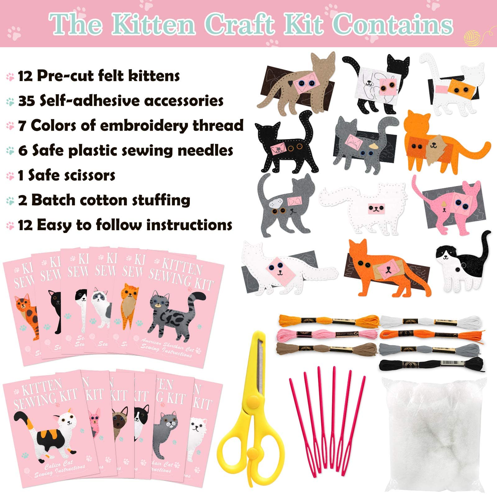 CiyvoLyeen Cat Sewing Kit for Kids -Ages 7 8 9 10 11 12 Kitten Plush Toys Arts & Crafts Set for Beginners, Learn to Sew Gifts Idea for Girls & Boys