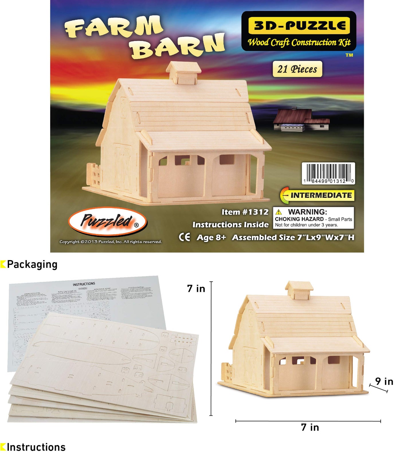 Puzzled Farm Barn 3D Wooden Barn Toy Building Kit for Kids and Adults - 3D Farm Set Kids Building Kit, Fun Educational DIY Woodworking Toys to Paint