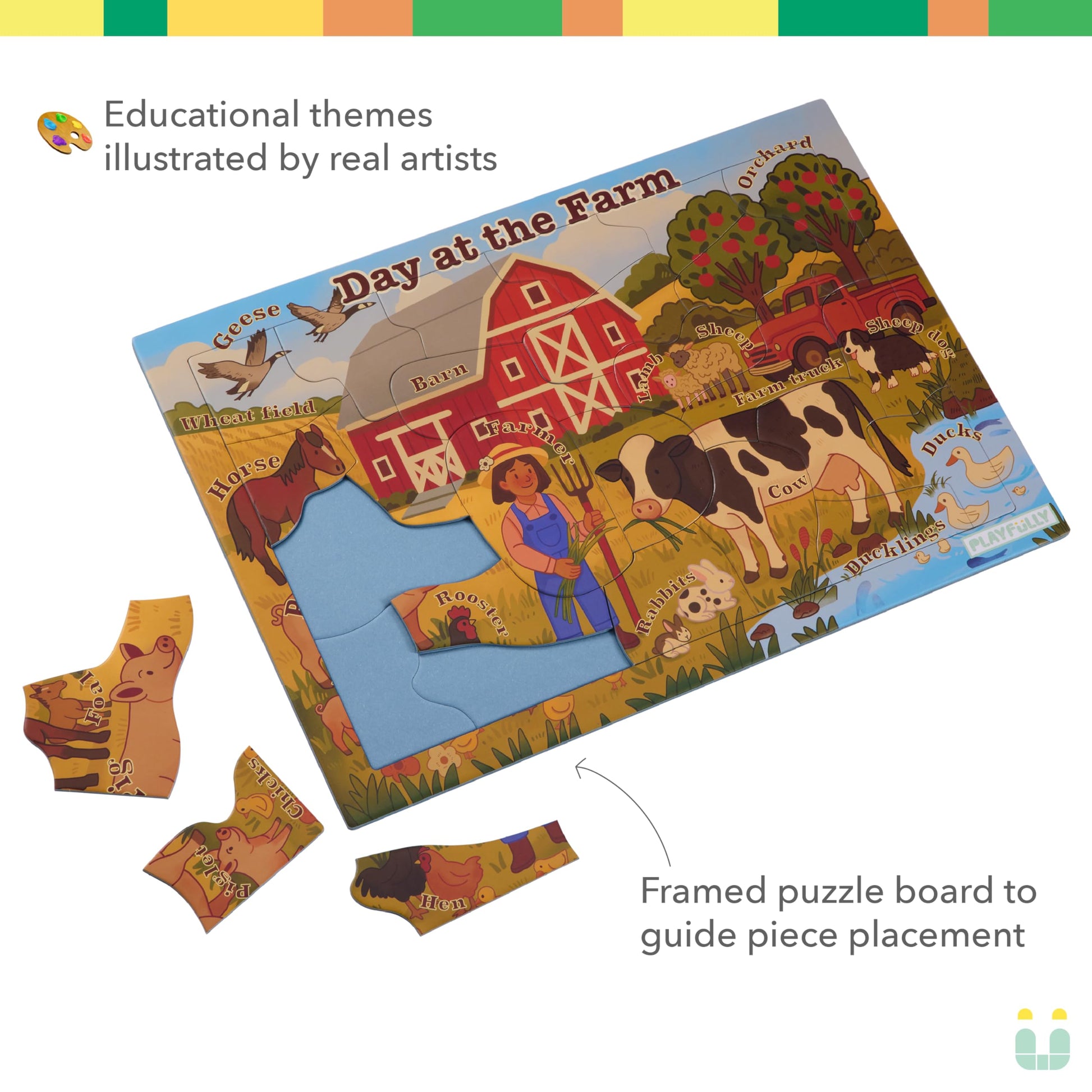 Play Fully ‘Day at the Farm’ 25 Piece Puzzle with Frame for Kids Ages 3-5 | Lost Piece Guarantee | Unique Shapes | Child-Centric Design | Educational