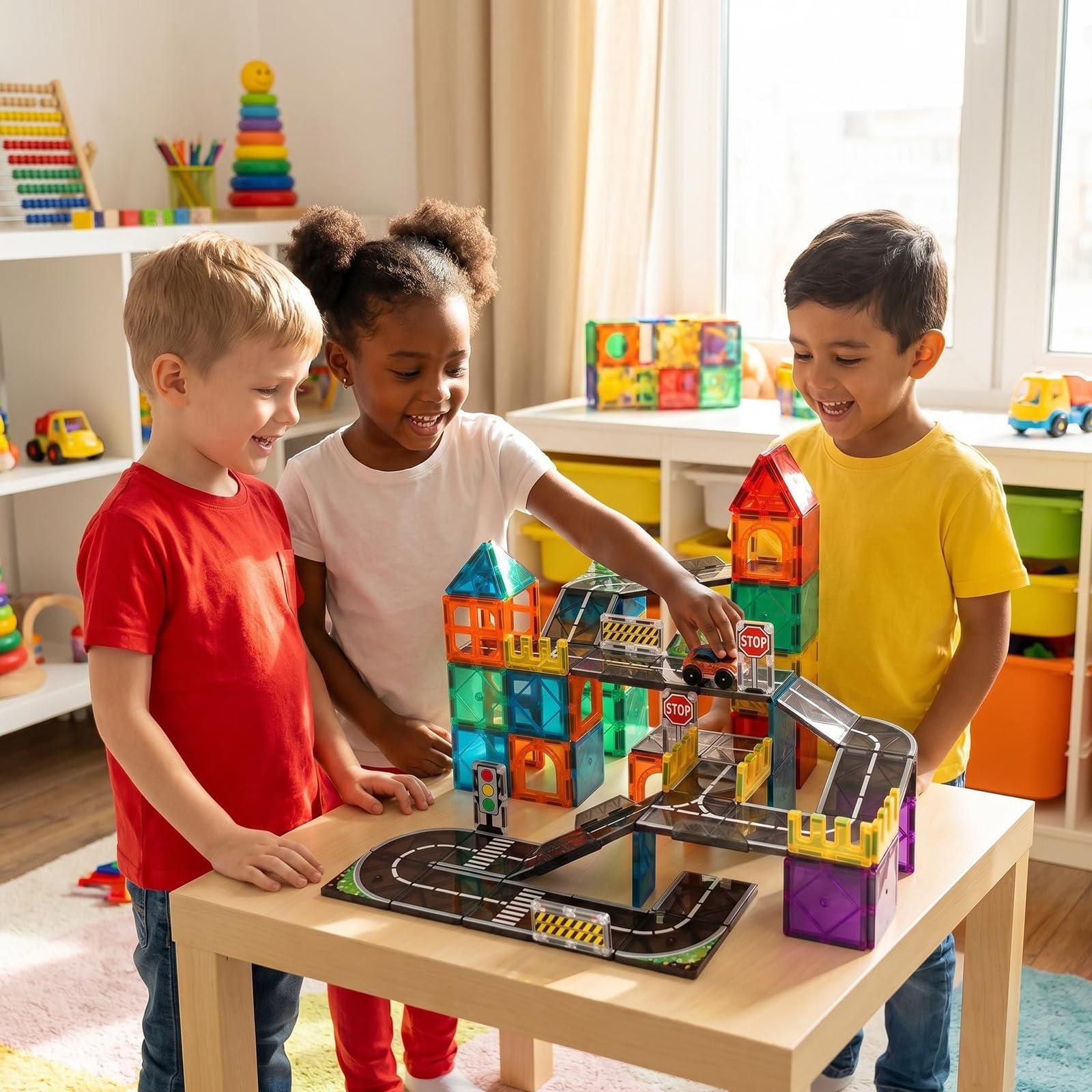Sylvran Magnetic Tiles Road Set, 89 PCS Magnetic Building Blocks with Roads, Bridges & Ramps, STEM City Building Toys for Kids Ages 3-8, Educational