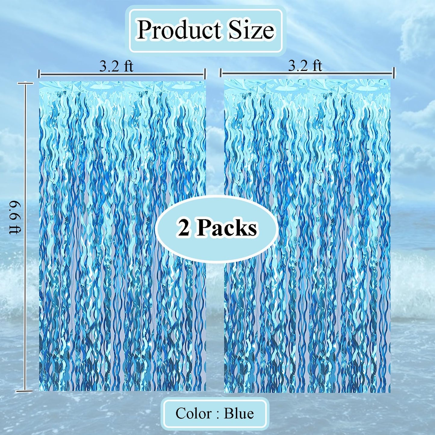 BUDICOOL 2 pcs Blue Wavy Tinsel Curtains,Under The Sea Party Decorations