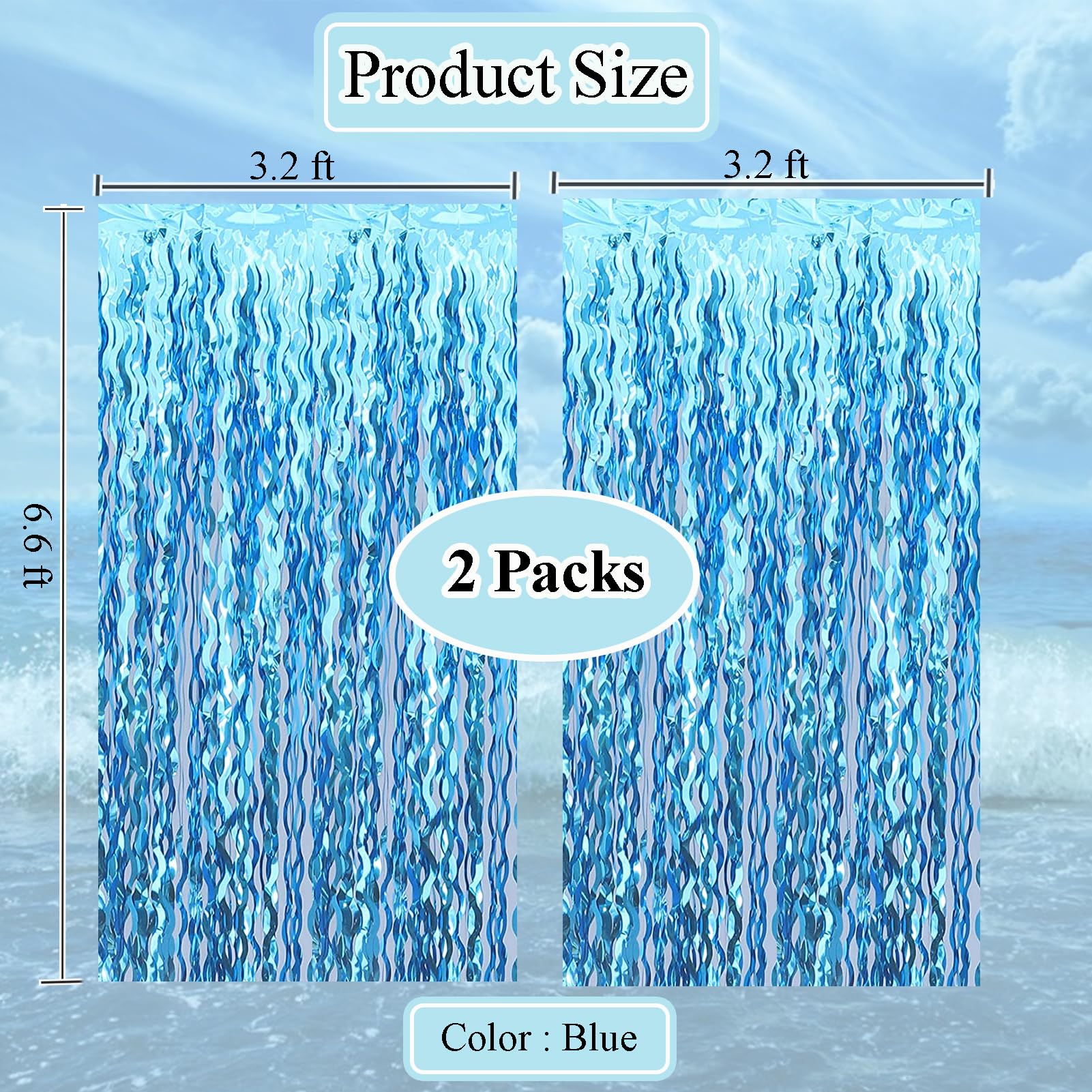 BUDICOOL 2 pcs Blue Wavy Tinsel Curtains,Under The Sea Party Decorations