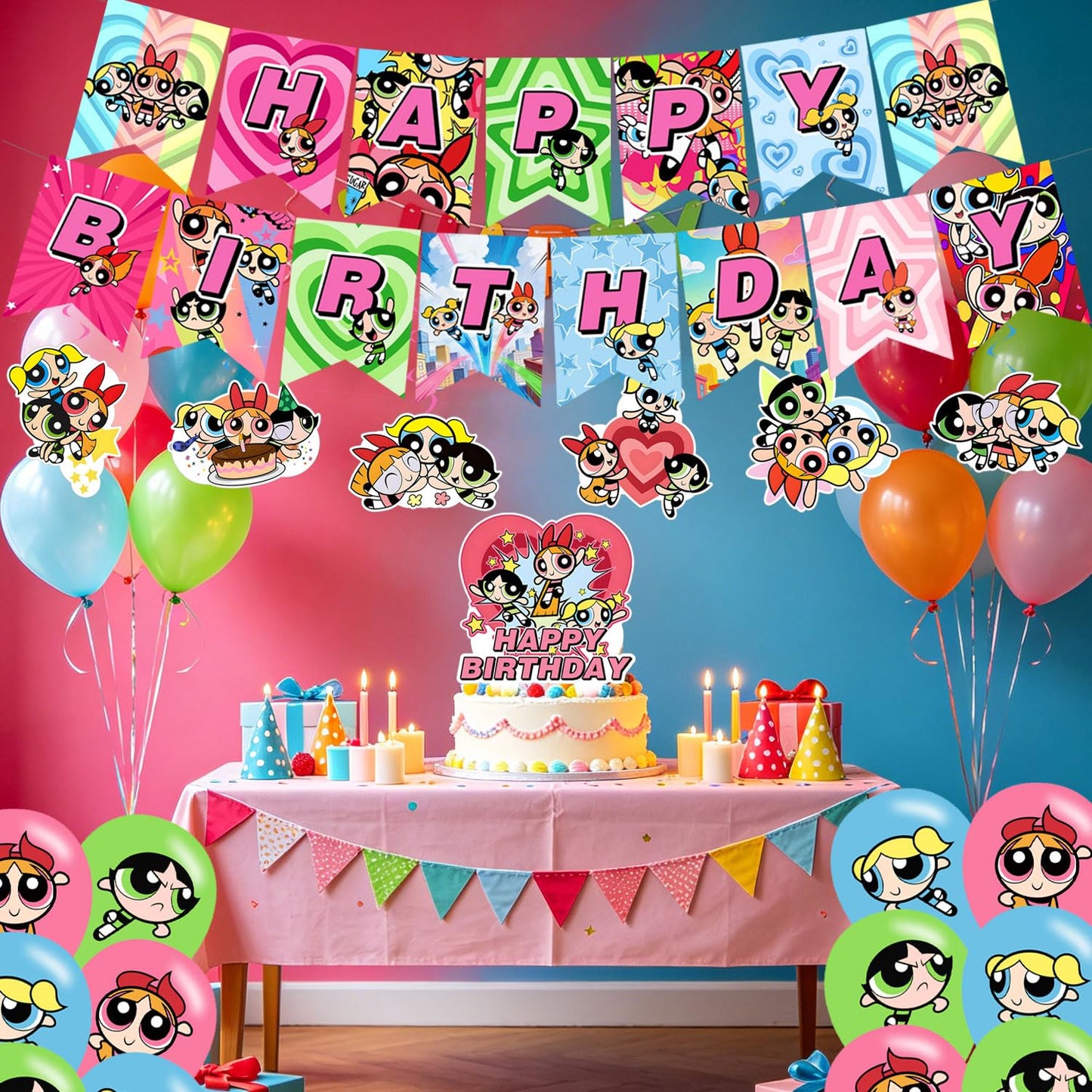Power Girls Birthday Party Decorations, Happy Birthday Banner, Cake Topper, Hanging Swirls & Latex Balloons, Power Girls Party Supplies for Girls