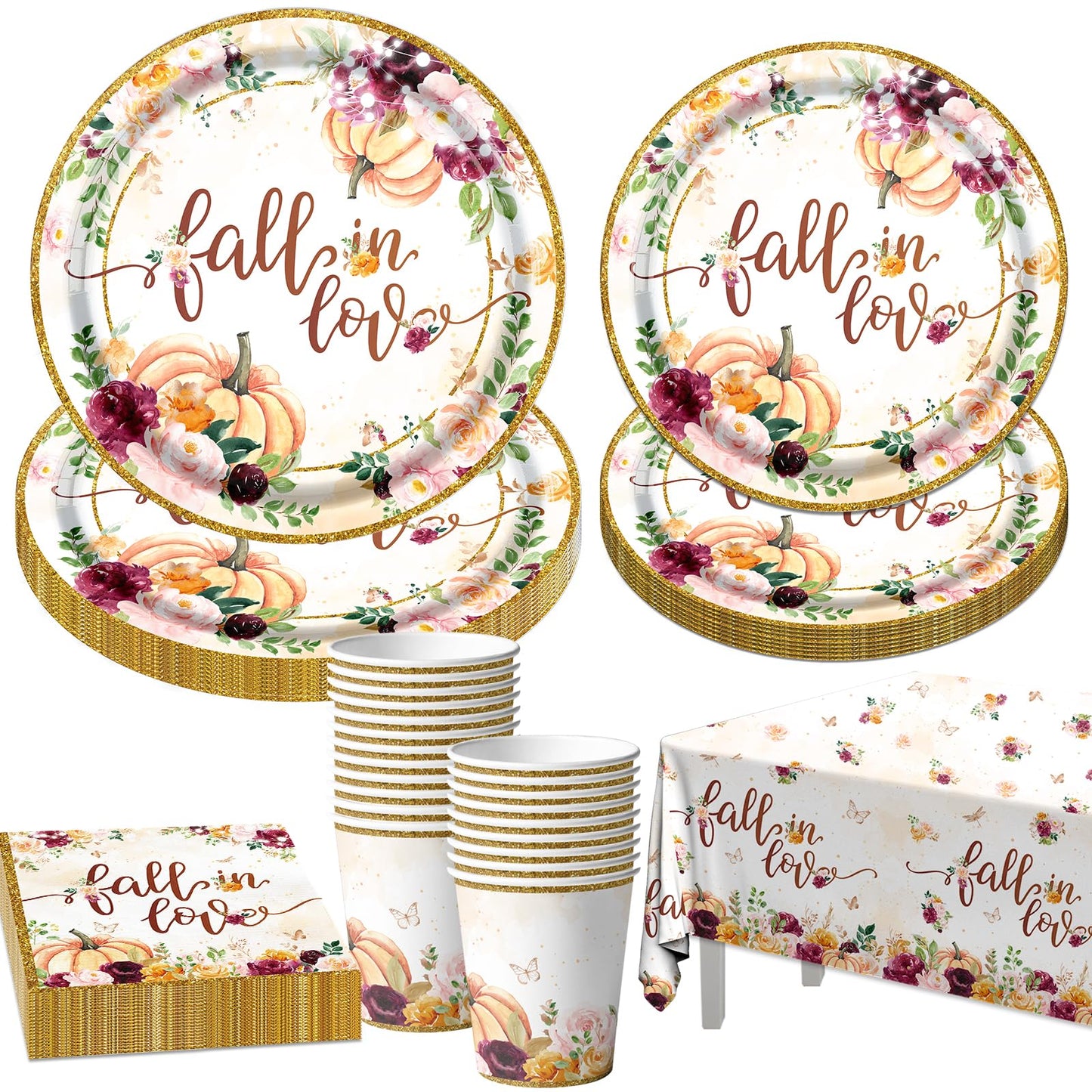 Fall in Love Bridal Shower Decorations,Fall Floral Pumpkin Disposable Tableware Set Includes Fall Dinner Plate,Tablecloths,Cup for Bridal