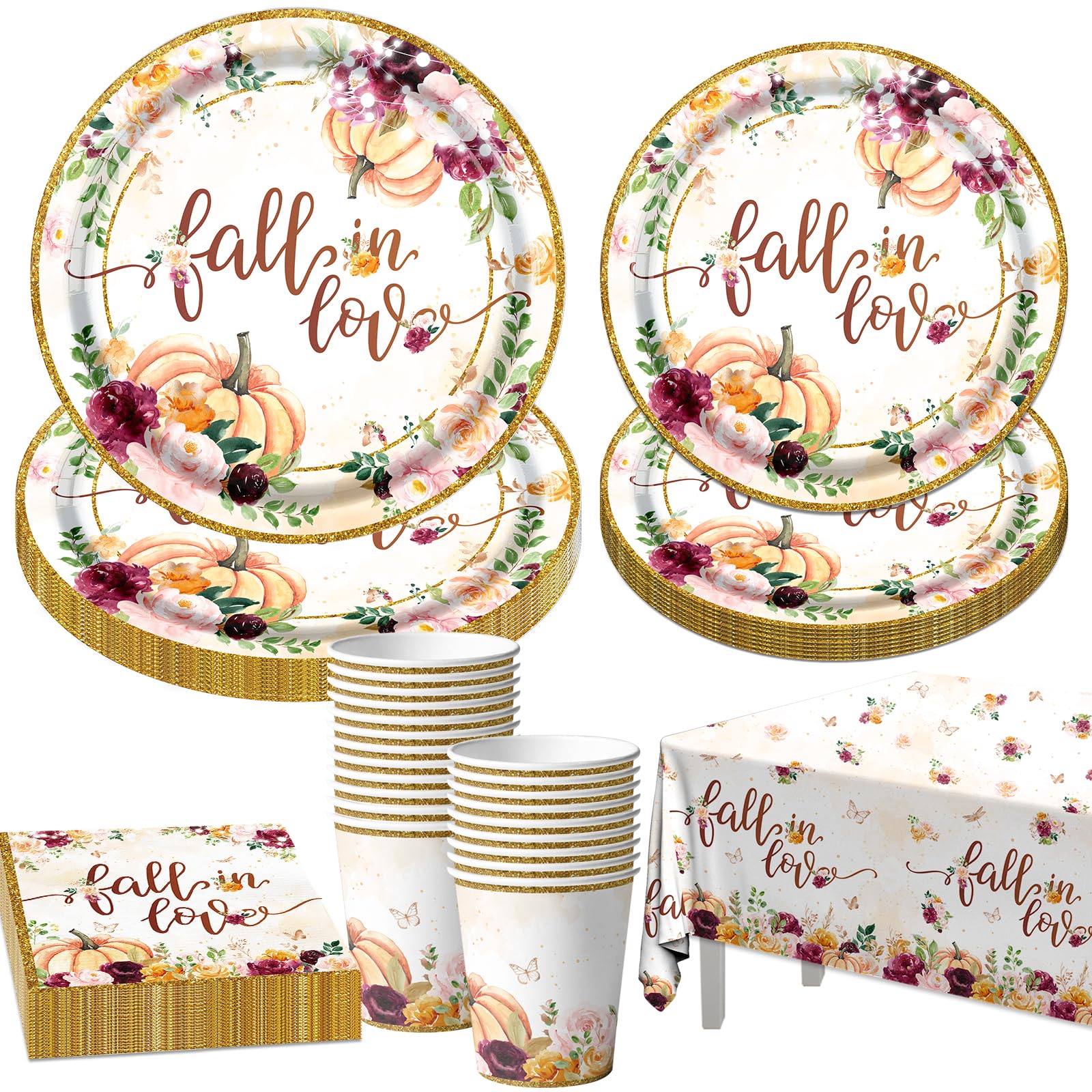 Fall in Love Bridal Shower Decorations,Fall Floral Pumpkin Disposable Tableware Set Includes Fall Dinner Plate,Tablecloths,Cup for Bridal