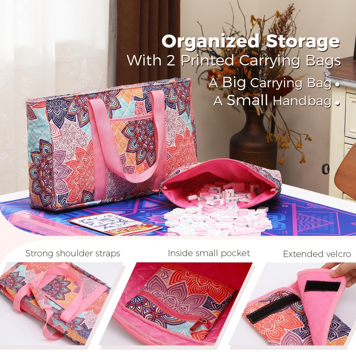 Kyerlish American Mahjong Tile Set with Printed Carrying Bag, 166 Premium Pink Tiles, 4 All-in-One Racks/Pushers and Accessories, Mahjong Set