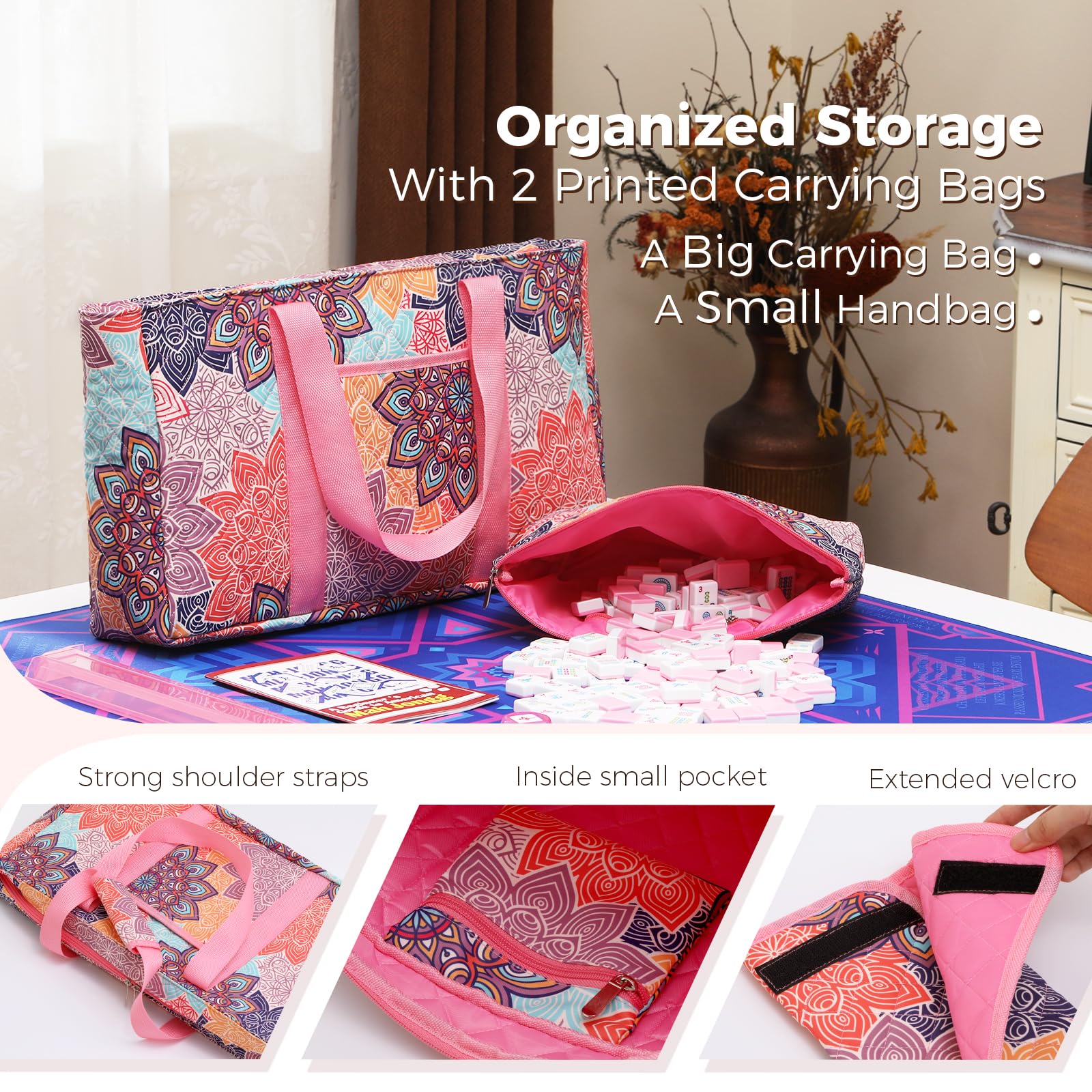 Kyerlish American Mahjong Tile Set with Printed Carrying Bag, 166 Premium Pink Tiles, 4 All-in-One Racks/Pushers and Accessories, Mahjong Set