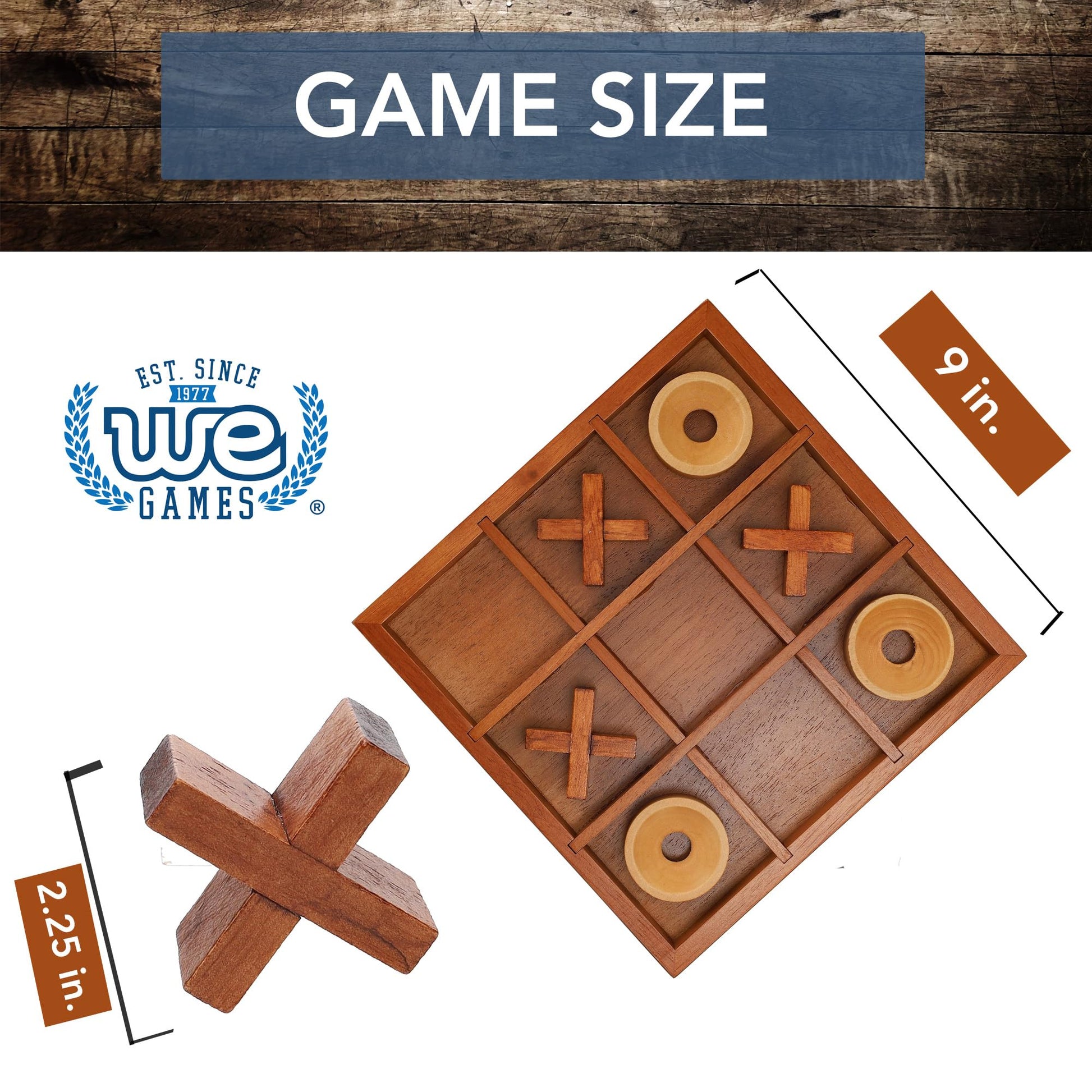 Wooden Tic Tac Toe Game - 9 Inch Solid Wood Board with X and O Pieces, Decorative Coffee Table Game, Classic Home Décor Accent