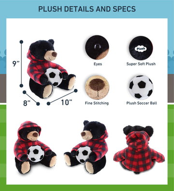 DolliBu Black Bear Stuffed Animal with Soccer Ball Plush - Soft Huggable Teddy Bear, Adorable Playtime Black Bear Plush Toy, Cute Space Life Sports