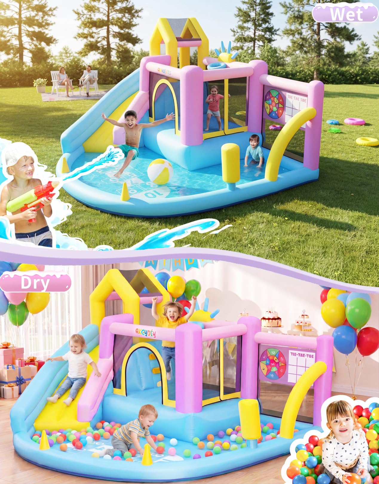 AKEYDIY Inflatable Bounce House,Kids Bouncy Castle Water Parkfor 2~10, Indoor/Outdoor Bouncy House with Blower Included,Pastel Bouncer Jump House