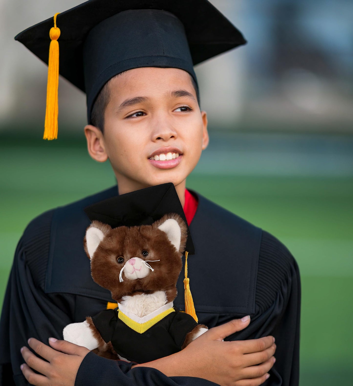 DolliBu Brown Cat Graduation Plush Toy - Soft Huggable Graduation Stuffed Animal Dress Up with Gown and Cap with Tassel Outfit with Personalization