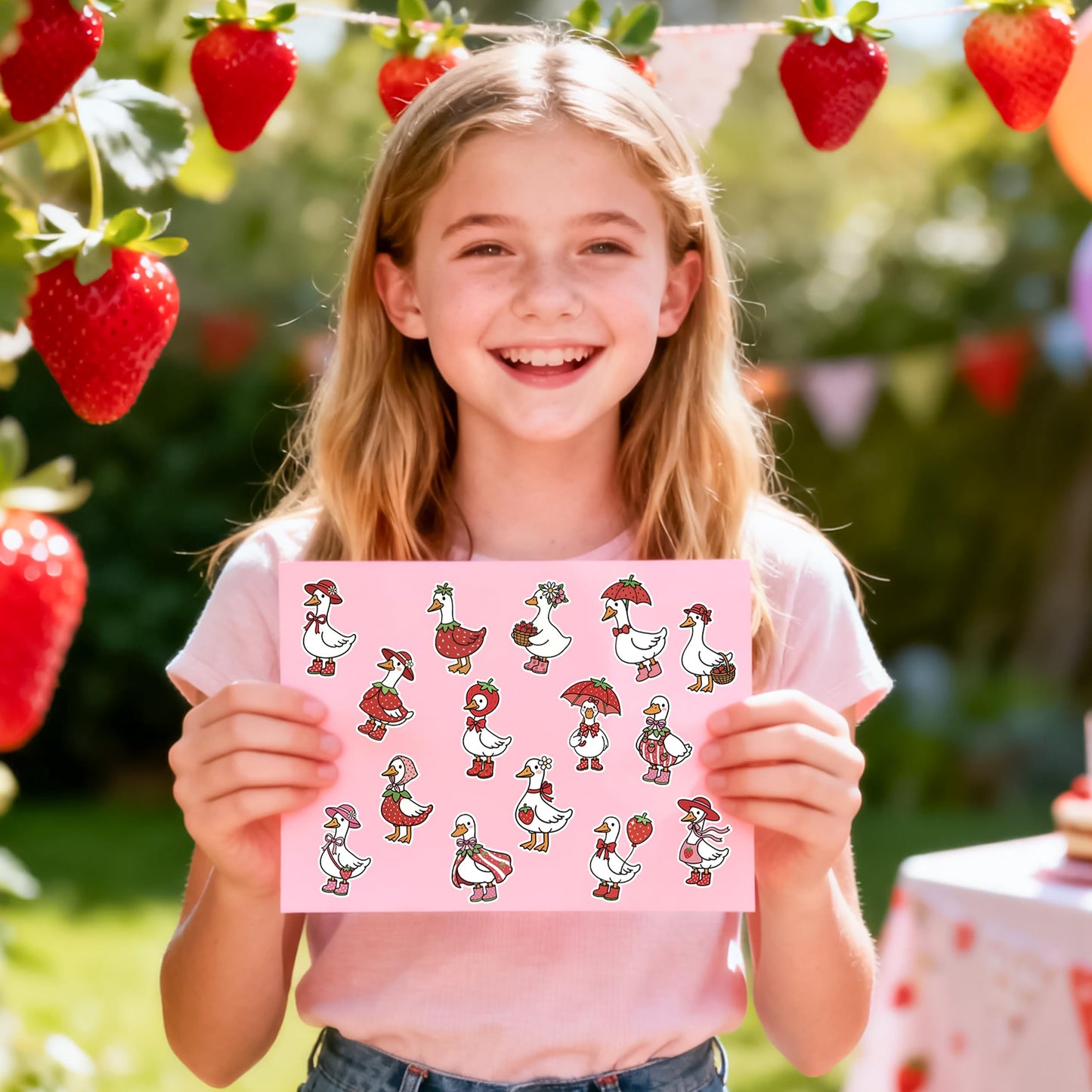 5wsech Summer Strawberry Goose Roll Stickers - 1000Pcs Pink Red Bow Strawberry Silly Goose Decals, Funny Summer Holiday Decorative Stickers Gift