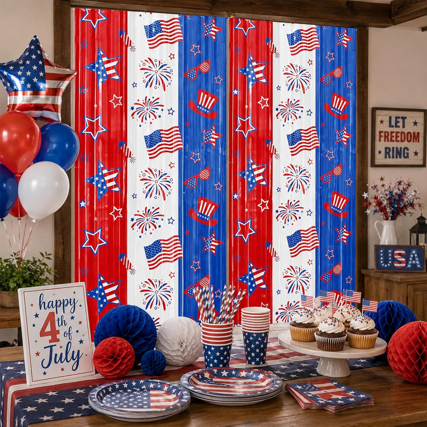 2 Pack 4th of July Foil Fringe Curtains, Red White Blue Patriotic Backdrop Streamers 3.3 x 6.6 ft, American Flag Hanging Decorations for Independence