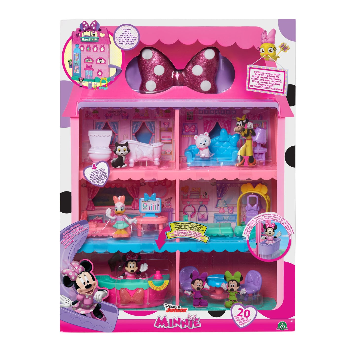 Minnie Mouse Bow-Tel Hotel, 20-piece Figure and Playset, 2-Sided Play with Lights, Sounds, and Elevator, Officially Licensed Kids Toys for Ages 3 Up