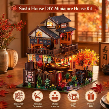 DIY Miniature House Kit, Dollhouse Diorama with LED Lights (Sushi House)