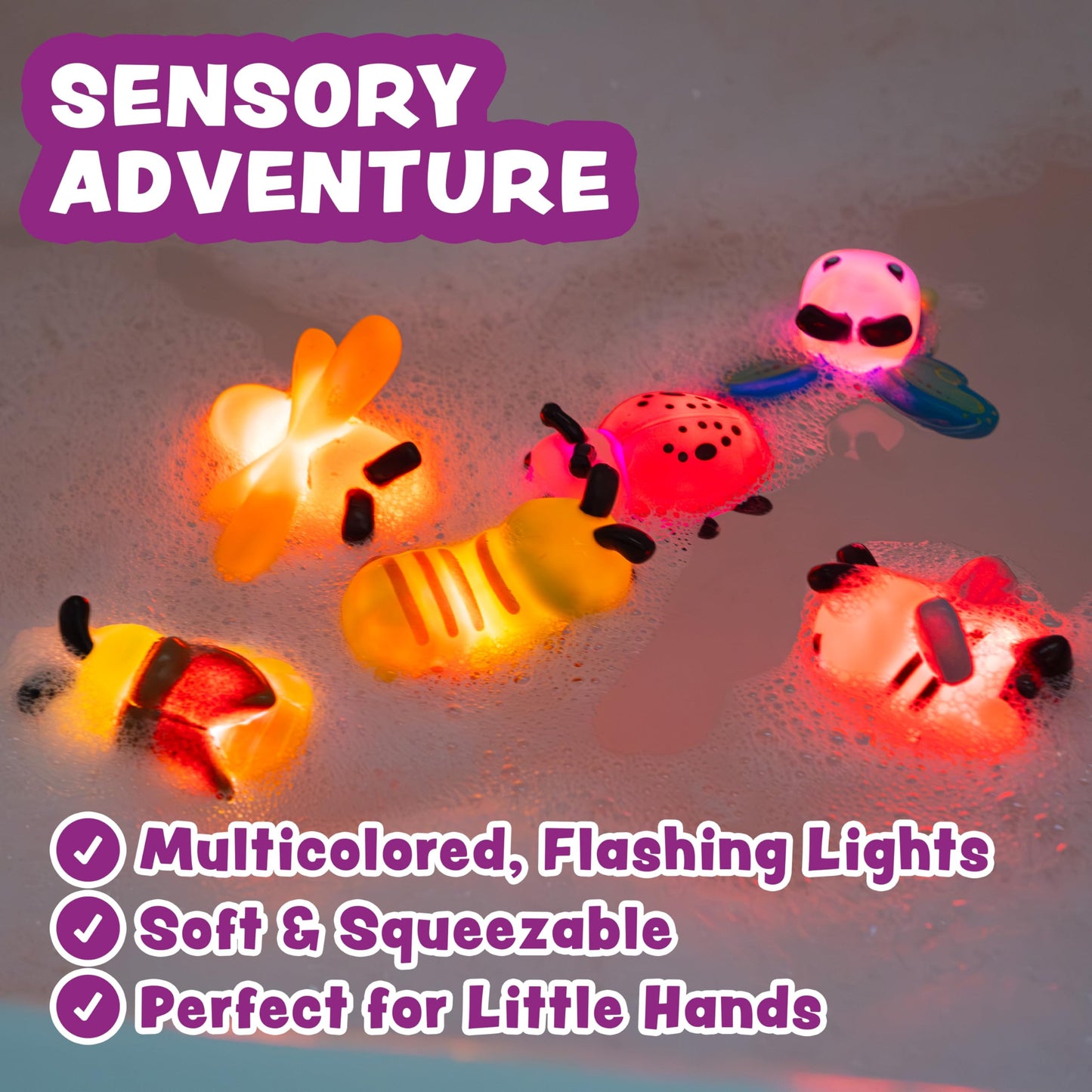 Tub Works® Bugs™ Light Up Bath Toys, 6 Pack | Water-Activated Light Up Toys Flash & Change Color | Easy-Grip Baby Girl & Toddler Bath Toys | Glow Bugs