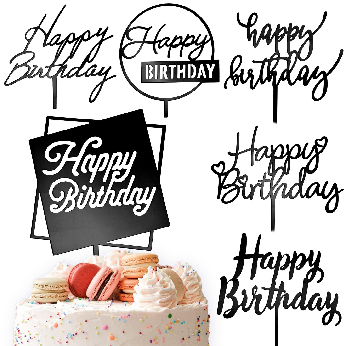 Apluselection 6 Pcs Black Happy Birthday Cake Toppers, 5" x 6.5" Acrylic Cake Decoration for Birthday Party