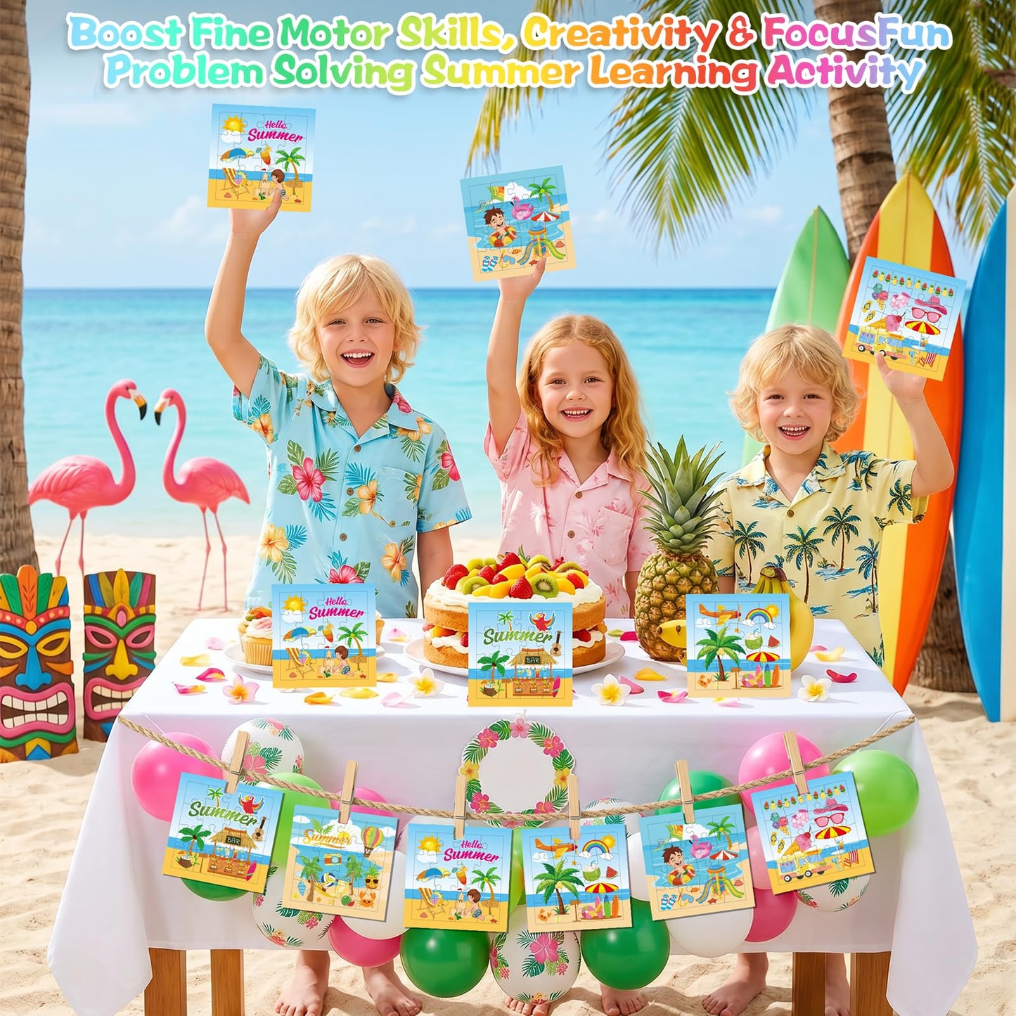Fennoral 24 Pack DIY Coloring Summer Jigsaw Puzzle Craft Kit for Kids