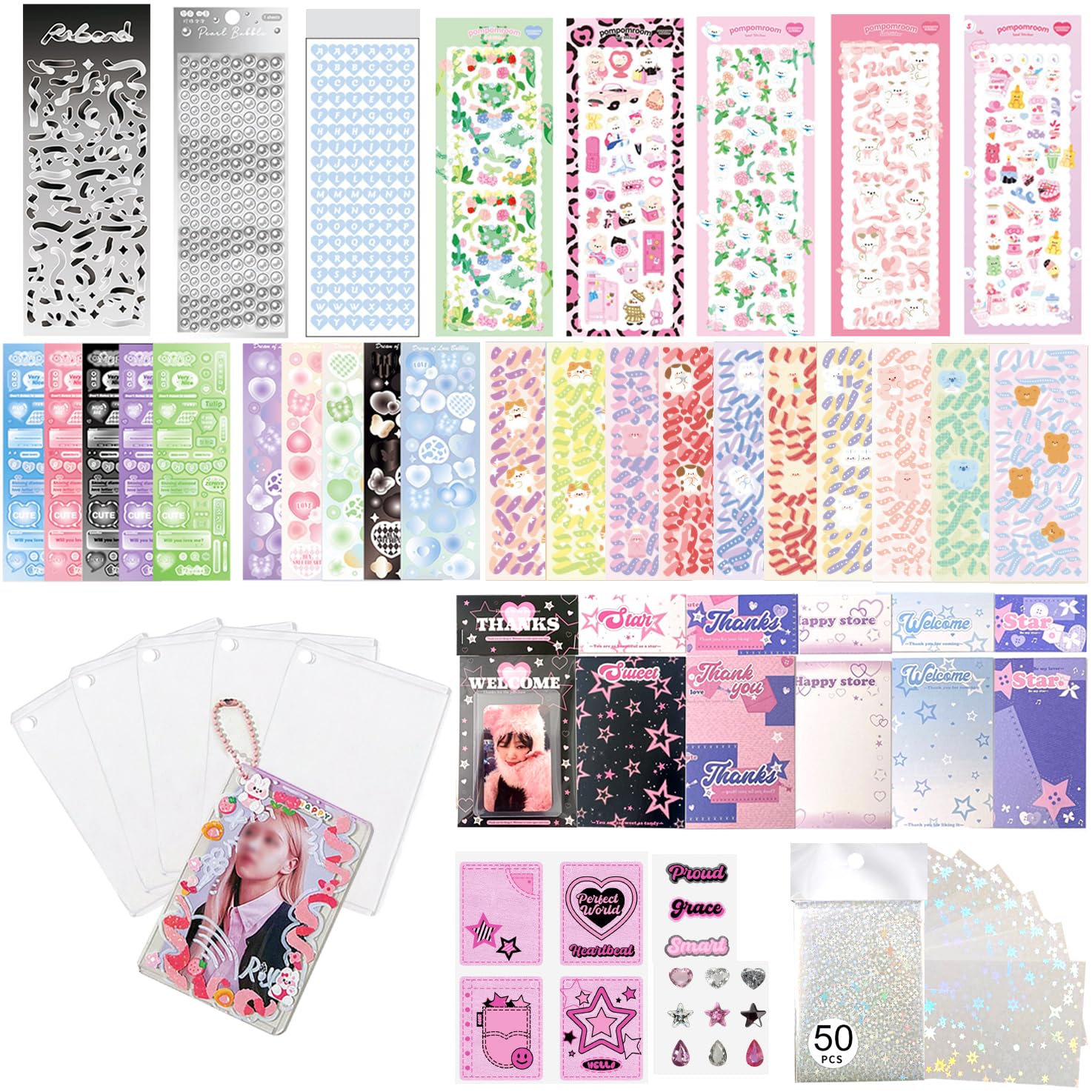 6 Kpop Photocard Holder Keychain Toploaders,6 Wrapped Gift Sets?50 Holographic Card Sleeves for Trading Cards,35Sheets Deco Stickers,2 Pcs Cute Little